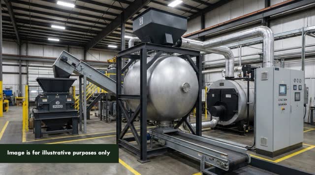 The PHANTOM subcritical water hydrolysis machine — a spherical stainless steel pressure vessel with industrial flanges, pipe connections, and blue electric motor actuators, mounted in a clean industrial facility. Treats up to 3 tonnes of clinical and organic waste per 30-minute cycle with zero stack emissions.